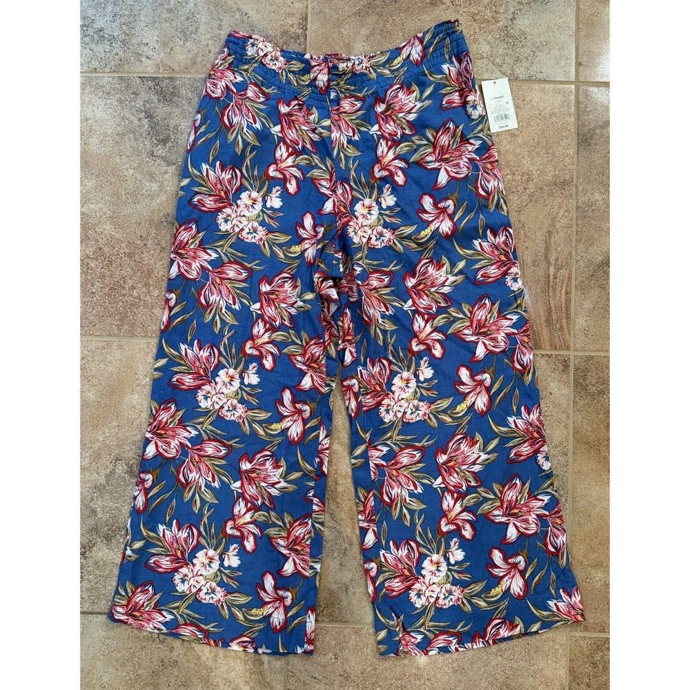 A New Day Women's Linen Wide Leg Pull-On Pants Blue Floral Size L Short NWT